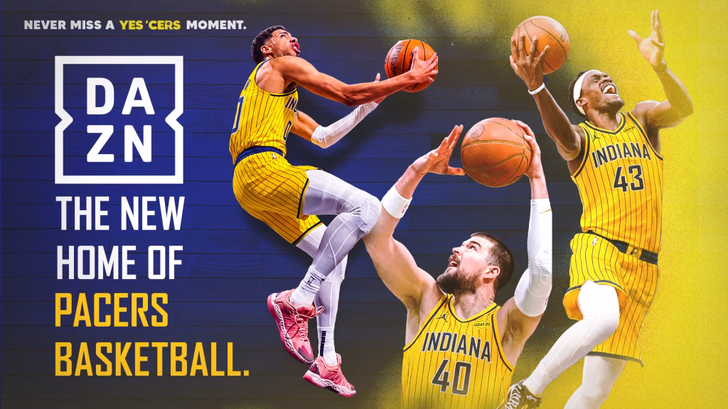 Indiana Pacers and DAZN partnership graphic announcing DAZN as the Pacers' exclusive broadcast home